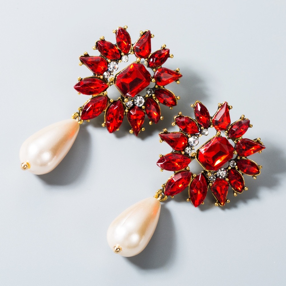 Rhinestone Long Large Pearl Stud Earrings